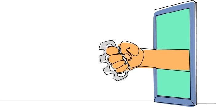 Continuous one line drawing hand holding brass knuckles through mobile phone. Concept of fighting video games, e-sport, entertainment application for smartphone. Single line draw design graphic png