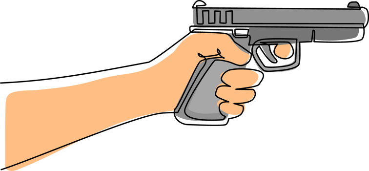 Continuous one line drawing hand holding gun shooting. Powerful pistol handgun. Military army firearm ammunition. Police arm hand caliber weapon. Single line draw design graphic illustration png