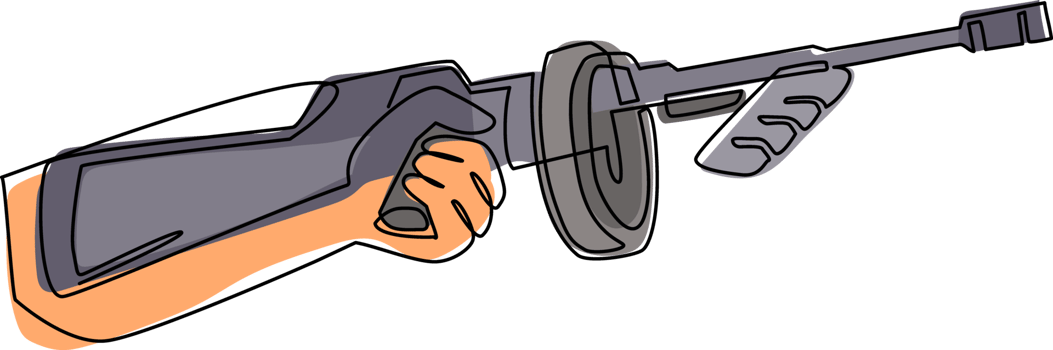 Continuous one line drawing hand holding tommy gun. Thompson submachine gun weapon. Mafia or gangster submachine gun. Emblem icon for e-sport team. Single line draw design graphic illustration png