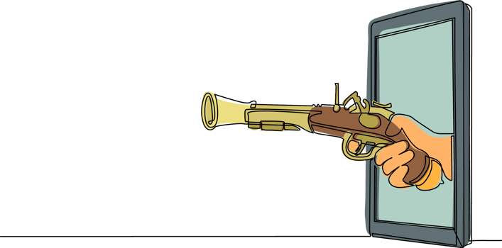 Continuous one line drawing hand holding old flintlock pistol through mobile phone. Concept of pirate video games, e-sport, entertainment application for smartphones. Single line draw design png