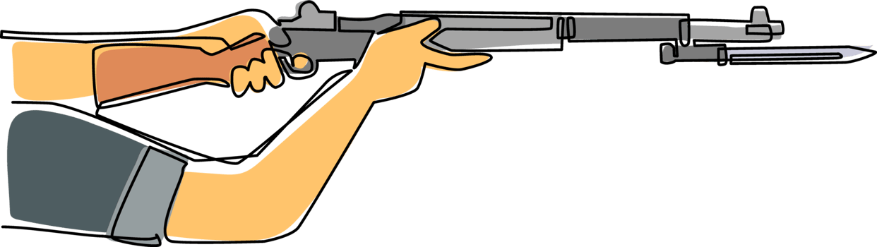 Continuous one line drawing hand holding M1 garand semi-automatic rifle with knife bayonet. British military action rifle with attached bayonet. Single line draw design graphic illustration png