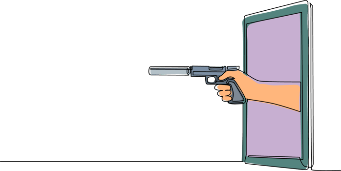 Single one line drawing hand holding pistol with silencer through mobile phone. Concept of mafia video games, e-sport, entertainment application for smartphones. Continuous line draw design png