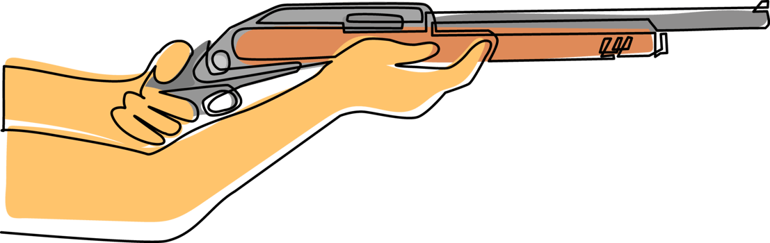 Single continuous line drawing hand holding shotgun. Shotgun personal self defense weapon. Carbine powerful hunting rifle firearm, shooting gunshot instrument. One line draw design illustration png