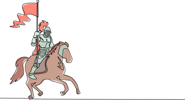 Single continuous line drawing medieval knight on horse carrying flag. Knight mounted in armor riding on horseback on horse holding flag. Ancient fighter. Dynamic one line draw graphic design png
