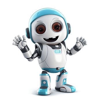 Cute white robot raising his hands in greeting on transparent background. png
