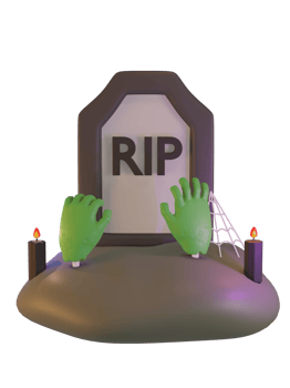 3d render of tombstone on land stand, with candles and green hands of a zombie from under the ground. Halloween celebration concept. Isolated element png