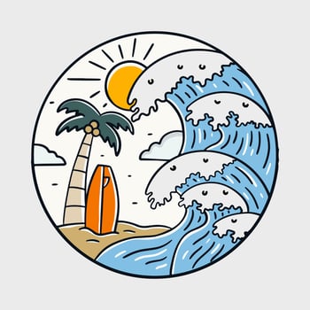 The wave,  coconut tree and surfboard in summer time vector art. design for t-shirt, badge, and sticker vector illustration