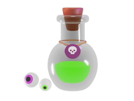 3d render of a transparent bottle with an orange potion with tag and eyeballs. Halloween celebration concept. Isolated element png