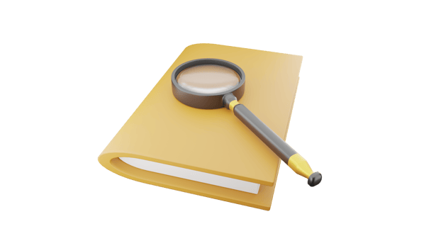 3D rendering of vintage magnifying glass on closed book, Detective concept png