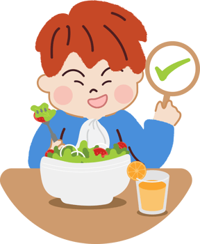 Happy Little Boy Eating Salads and Orange Juice with Correct sign. Healthy Diet and Nutrition for Joyful Living. png