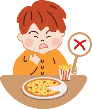 Young Boy with Pizza, Fries and Wrong sign. Fast Food Meal. Unhealthy Food Choices and Junk Food. png