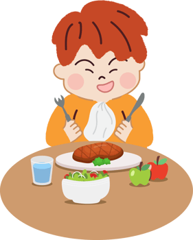 Happy Little Boy Eating Steak. Healthy Diet and Nutrition for Joyful Living. png