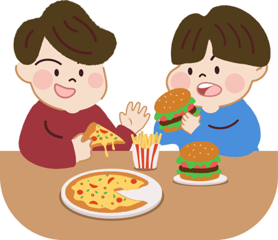 Young Boy Eating Hamburger, Pizza, fries. Fast Food Meal. Unhealthy Food Choices and Junk Food. png