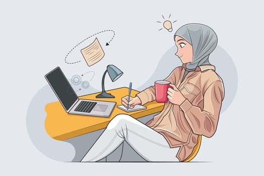 Hijab working. Casual young smiling woman in hijab with interactive learning vector illustration pro download