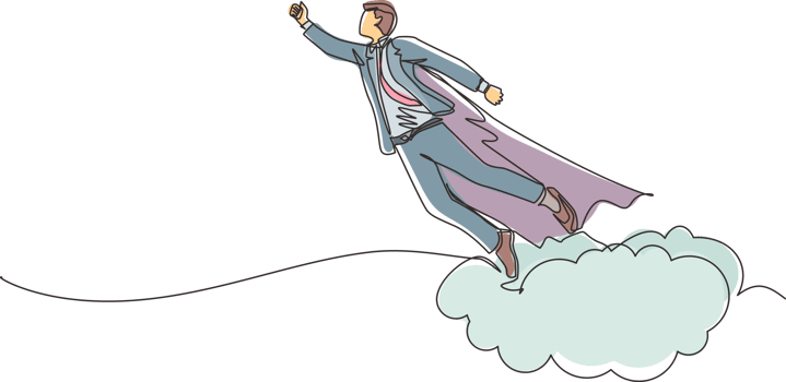 Single continuous line drawing businessman superhero flies up and leaves cloud of dust. Super worker in robe cloak takes off. Power and uniqueness business concept. One line draw graphic design png