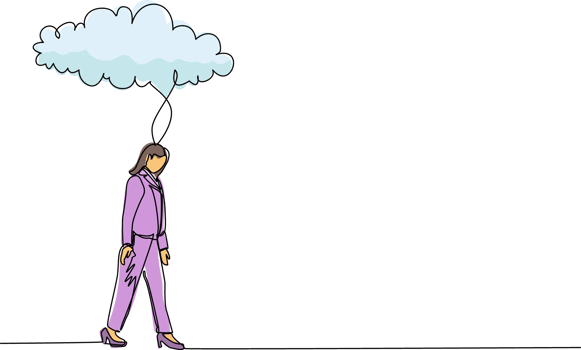 Single continuous line drawing unhappy depressed sad businesswoman in stress walking under rain cloud. Alone loser female depression. Loneliness in overcast weather. One line graphic design png