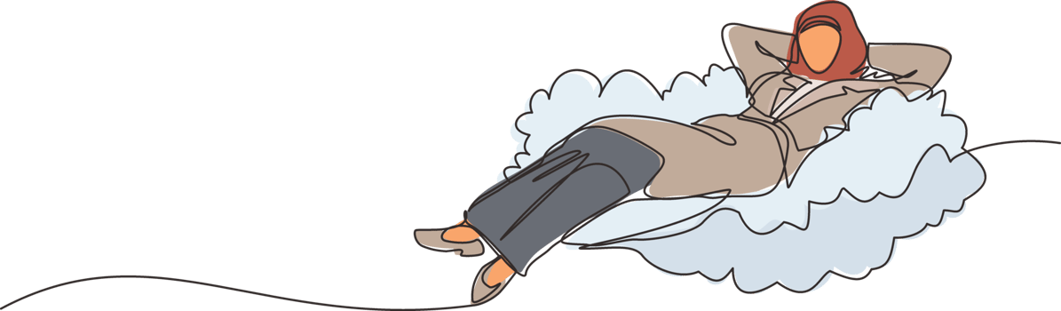 Single one line drawing relaxed and successful happy Arabian businesswoman relaxing laying on clouds. Break, vacation, coffee time, relaxation. Continuous line draw design graphic illustration png