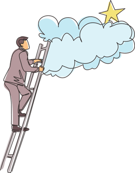 Single continuous line drawing businessman climbing ladder to reach out for the stars. Businessman climbing to goal. Motivation to be success, winner, finish, win. One line draw graphic design png