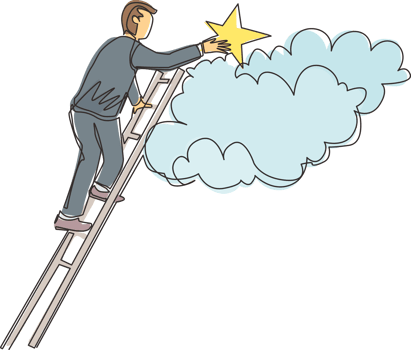Continuous one line drawing businessman is standing on stairs and reaching star on the sky. Goals and dreams. Business, career, achievement concept. Single line draw design graphic illustration png