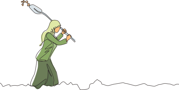 Single continuous line drawing Arabian businesswoman digging in dirt using shovel. Woman in hijab dig ground with spade. Treasure digging, wealth concept lucky rich woman. One line draw design png