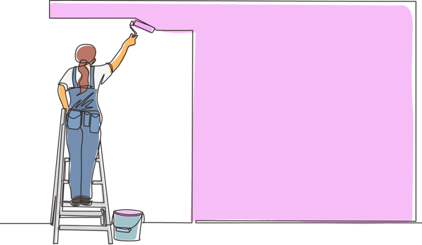 Continuous one line drawing painter standing on staircase paints wall. Woman is holding paint roller in hand. Human runs to provide construction work. Worker in uniform. Single line draw design png