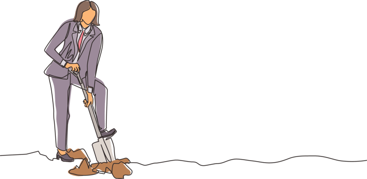 Single continuous line drawing businesswoman digging in dirt using shovel. Woman in blazer dig ground with spade. Business metaphor. Hard working process. One line graphic design illustration png