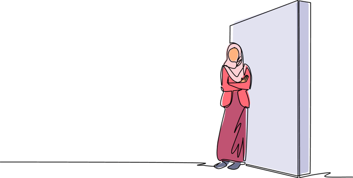 Single one line drawing Arabic businesswoman standing and lean against wall, thinking something about new business company. Full length or body. Continuous line draw design graphic illustration png