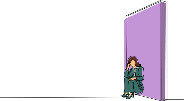 Continuous one line drawing upset businesswoman sitting on floor and lean against the wall. Business concept in failure, sad, lonely, bankruptcy or negative expression. Single line draw design png