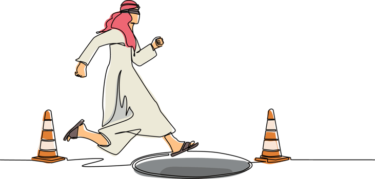 Single one line drawing blindfolded Arabian businessman running to find money with pit hole. Man runs to business trap. Blind investment concept. Metaphor. Continuous line draw design graphic png