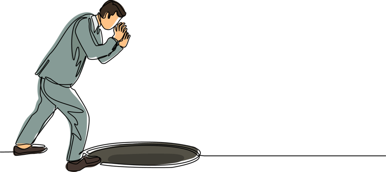 Single one line drawing businessman scream into pit hole. Man wondering and looking at big hole, business concept in opportunity, exploration or challenge. Modern continuous line draw design png