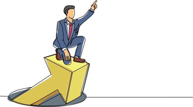 Single one line drawing businessman standing on arrows coming out of holes. Man leading financial graph rising from hole. Business growth concept. Modern continuous line draw design graphic png