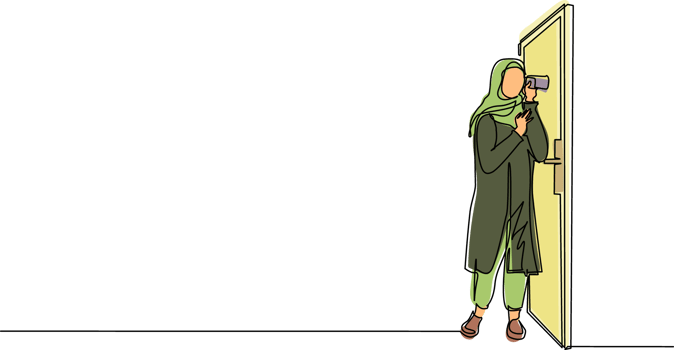 Single one line drawing Arabian woman eavesdropping at door. Curious businesswoman listening to conversation. Privacy violation concept. Modern continuous line draw design graphic illustration png