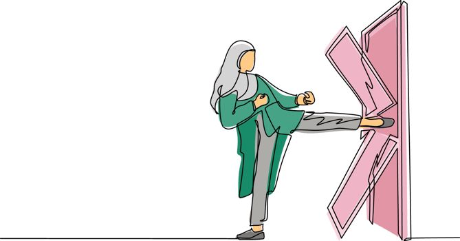 Continuous one line drawing Arabian businesswoman kicks the door until door shattered. Woman kicking locked door and destroy. Business concept of overcoming obstacles. Single line draw design png