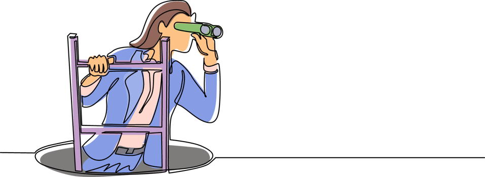 Continuous one line drawing businesswoman climbs out of the hole by ladder and using binocular. Business vision and solution concept. Symbol of challenge. Single line draw design illustration png