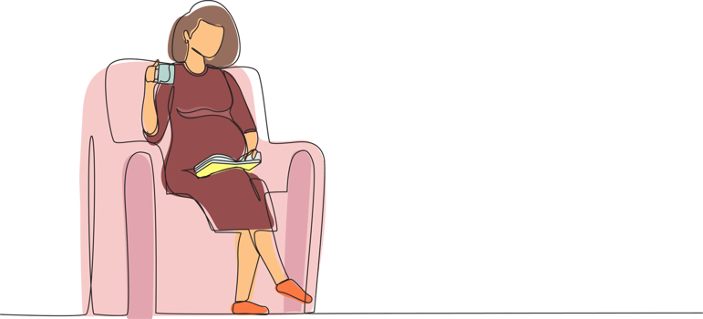Single continuous line drawing pregnant young woman sitting on sofa, reading book and drinking tea. Cozy evening with hot drink. Outside the winter. One line draw graphic design illustration png