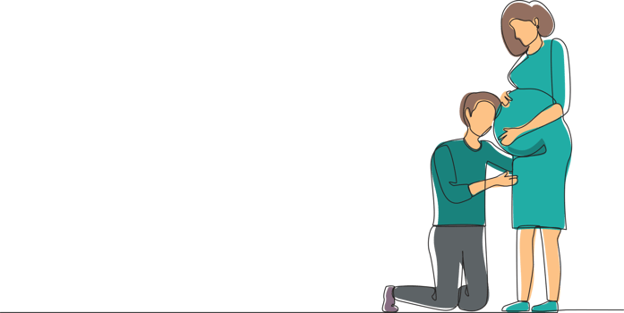 Continuous one line drawing man or husband kneel down and listening to his pregnant wife belly, expecting new born baby. Future parents character. Single line draw design graphic illustration png