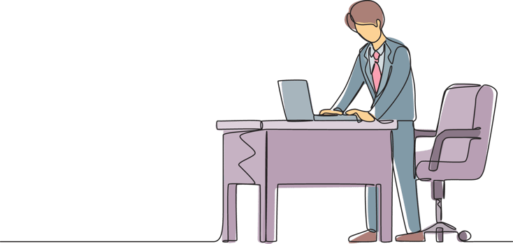 Single one line drawing man employee working at ergonomic workstation. Office furniture with computer and laptop. Male standing on foot rest behind desk. Continuous line draw design graphic png