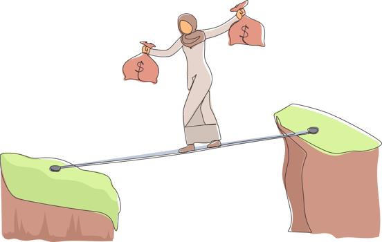 Continuous one line drawing Arab businesswoman walk over cliff gap mountain carry two money bag risking dangerous. Female walking balance on rope bridge. Single line design graphic illustration png