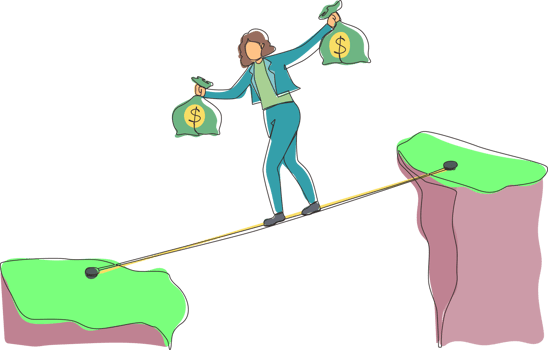 Single continuous line drawing businesswoman walk over cliff gap mountain carry two money bag risking dangerous. Female walking balance on rope bridge. One line draw graphic design illustration png