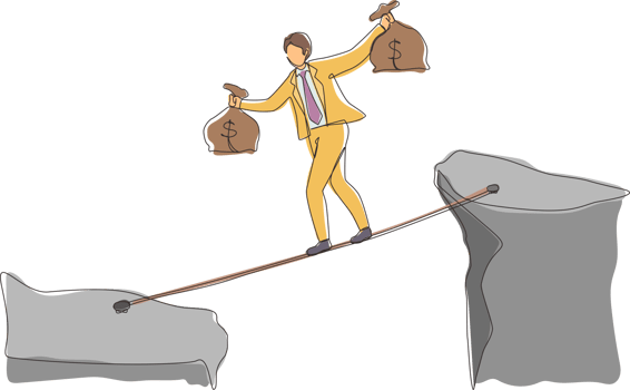 Single continuous line drawing businessman walk over cliff gap mountain carry two money bag risking dangerous. Young male walking balance on rope bridge. One line graphic design illustration png