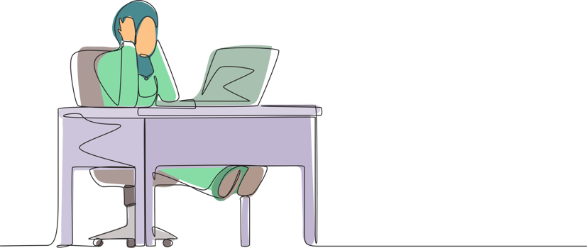 Single continuous line drawing tired office worker woman. Arabian female work at laptop feeling bad. Hold her head. Headache sick, exhausted, stressed, depression. One line draw graphic design png
