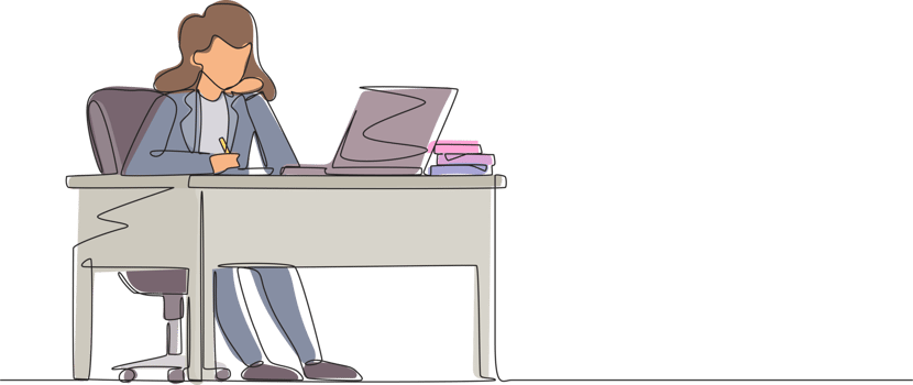 Single continuous line drawing businesswoman writing sitting in front of laptop at table. Female studying and writing in notebook, at desk in front of computer. One line draw graphic design png