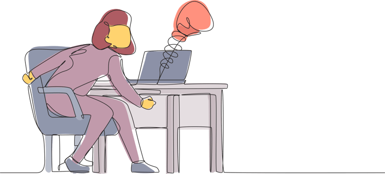 Continuous one line drawing sad woman using social media and being punched by boxing gloves from computer laptop. Cyber bullying, online harassment using social media. Single line draw design png