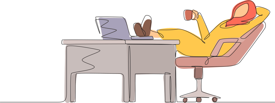 Single continuous line drawing Arab businesswoman work relaxed at desk and drink cup of coffee. Flat design of employee character working with laptop computer. One line draw design illustration png