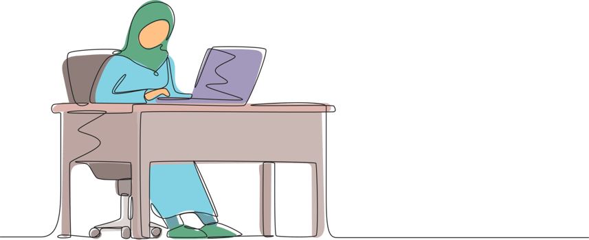 Single continuous line drawing Arab female works in office. Woman working, typing and sending messages. Work, table, computer. Workplace and communication concept. One line draw graphic design png