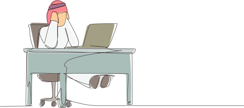 Continuous one line drawing tired office worker man character. Arabian male work at laptop feeling bad. Hold his head. Headache sick, exhausted, stressed, depression. Single line design graphic png