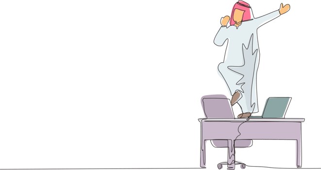 Single continuous line drawing happy office worker dancing on desk. Arabian businessman dancing while sitting at desk. Having fun at work. Work from home concept. One line draw graphic design png