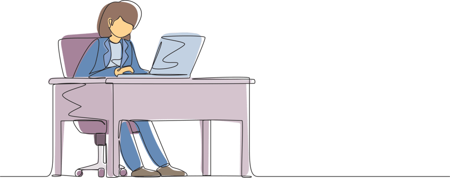 Continuous one line drawing female works in office. Woman working, typing and sending messages. Work, table, computer flat. Workplace and communication concept. Single line draw design graphic png