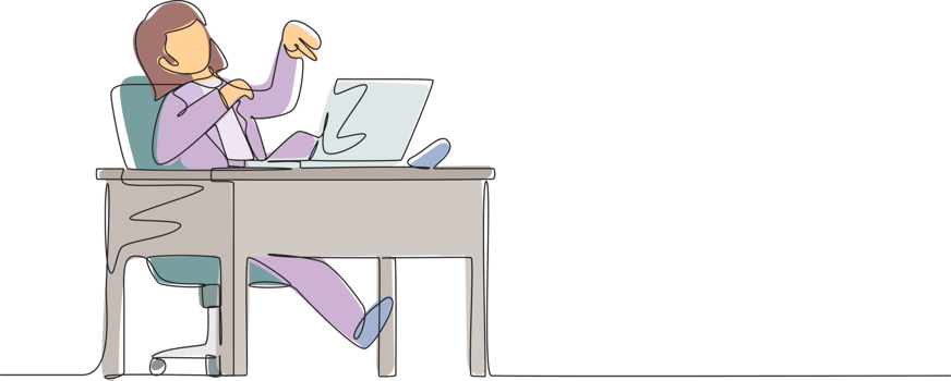 Single one line drawing woman manager laughing out loud while pointing her finger at laptop. Happiness, business success, win, leader, development concept. Continuous line draw design graphic png