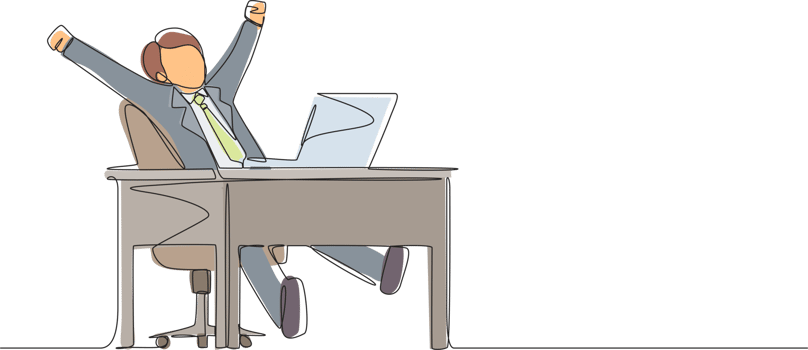 Continuous one line drawing happy businessman sitting in chair at desk using laptop celebrating win with hands raised. Celebrating win, positive emotion concept. Single line draw design graphic png